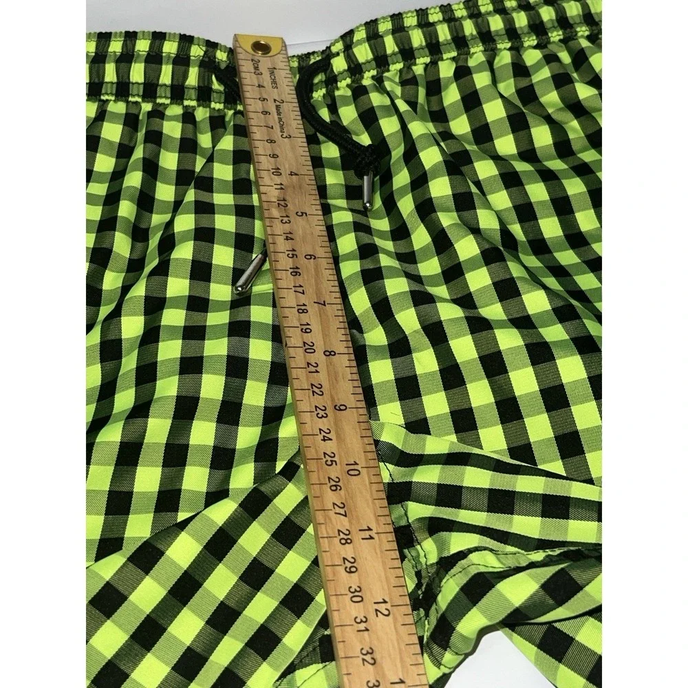 JARED LANG Men's Checkered Swim Trunks Neon Lime Black Plaid Shorts Sz. Medium